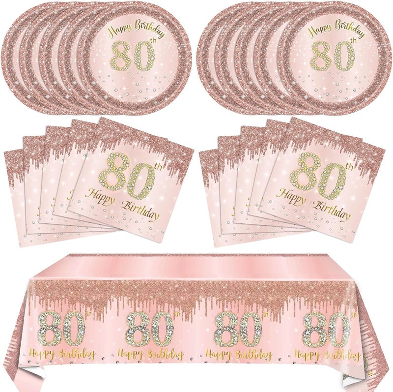 SNIMICS 41PCS 80th Birthday Anniversary Decorations Women,Rose Gold 80th Birthday Party Favor Include Plates Napkins Tablecloth For women Serves 20 - Image 1