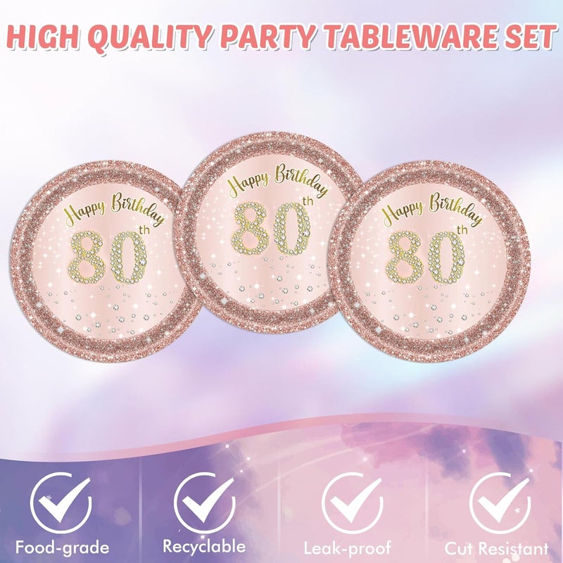 SNIMICS 41PCS 80th Birthday Anniversary Decorations Women,Rose Gold 80th Birthday Party Favor Include Plates Napkins Tablecloth For women Serves 20 - Image 5