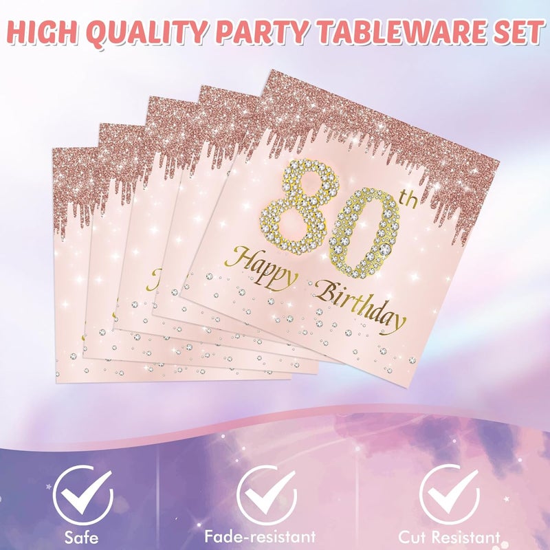 SNIMICS 41PCS 80th Birthday Anniversary Decorations Women,Rose Gold 80th Birthday Party Favor Include Plates Napkins Tablecloth For women Serves 20 - Image 4