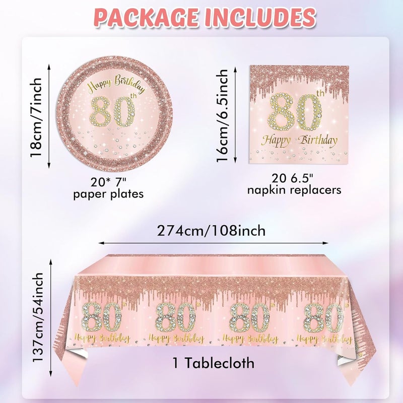 SNIMICS 41PCS 80th Birthday Anniversary Decorations Women,Rose Gold 80th Birthday Party Favor Include Plates Napkins Tablecloth For women Serves 20 - Image 2