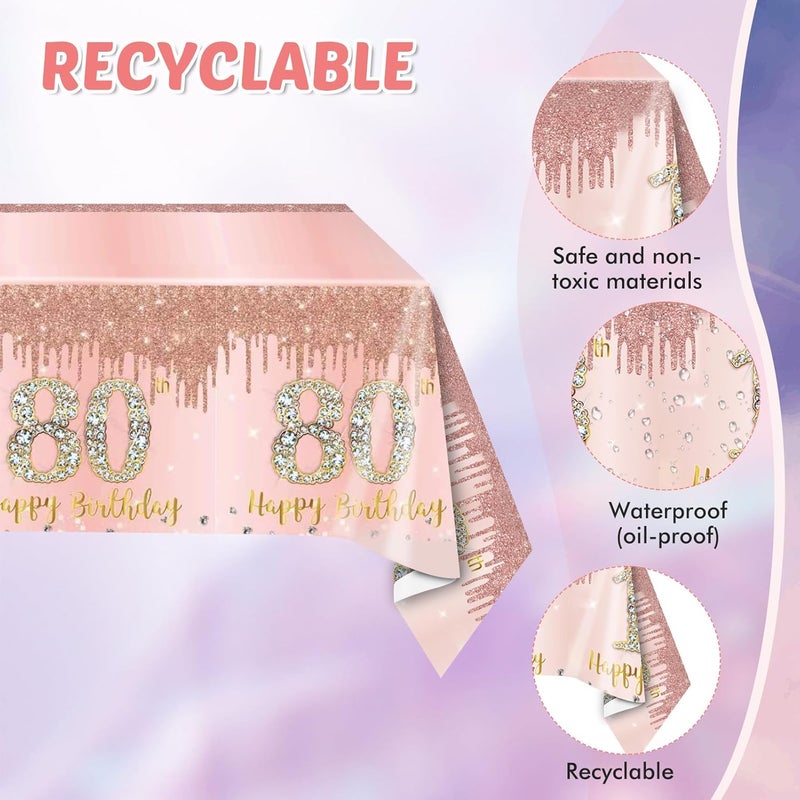 SNIMICS 41PCS 80th Birthday Anniversary Decorations Women,Rose Gold 80th Birthday Party Favor Include Plates Napkins Tablecloth For women Serves 20 - Image 3