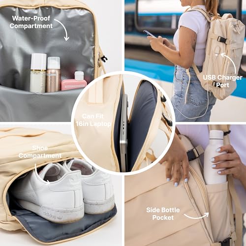 Carrywell (Not Made In China) Travel Backpack Airline Approved, Carry-On Underseat, Holds 15.6 or 16 Inch Laptop, Personal Item Bag with Shoe Compartment For Men Women, Beige 30l - Image 3