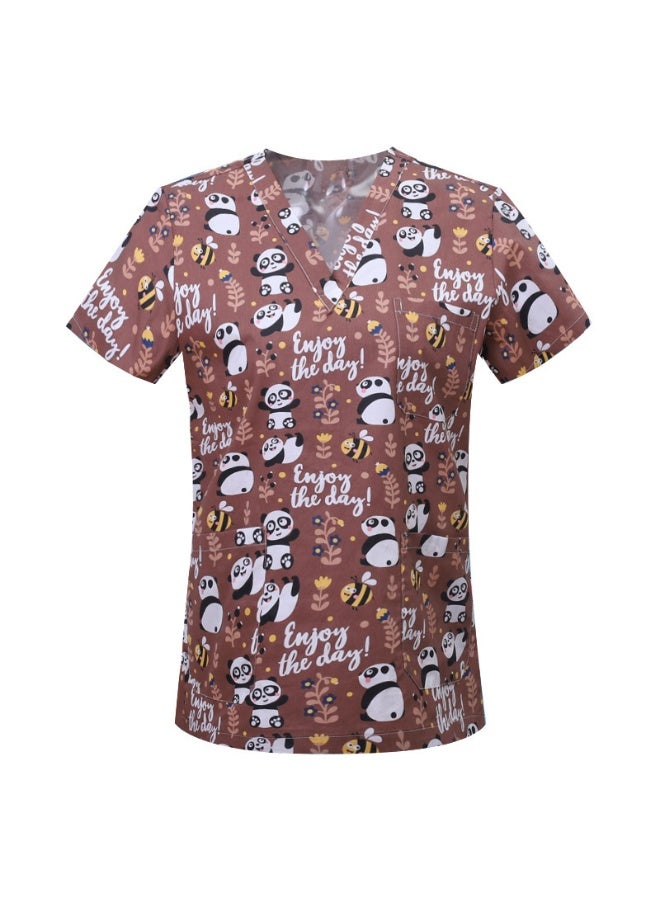 Loquat Womens Medical Scrubs Single Top Medical Uniform Single Printed Top Panda Print on Brown Background - Image 1