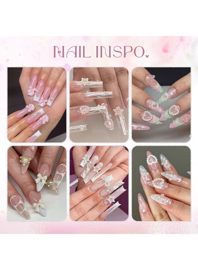 LANGMANNI 3D Nail Charms for Coquette Nails Design Set 3, White&Pink Nail Bows + Assorted Pearl Heart Star Moon Bowknot Cute Nail Jewels + 3D Flower Charms And Nail Pearls - Image 2