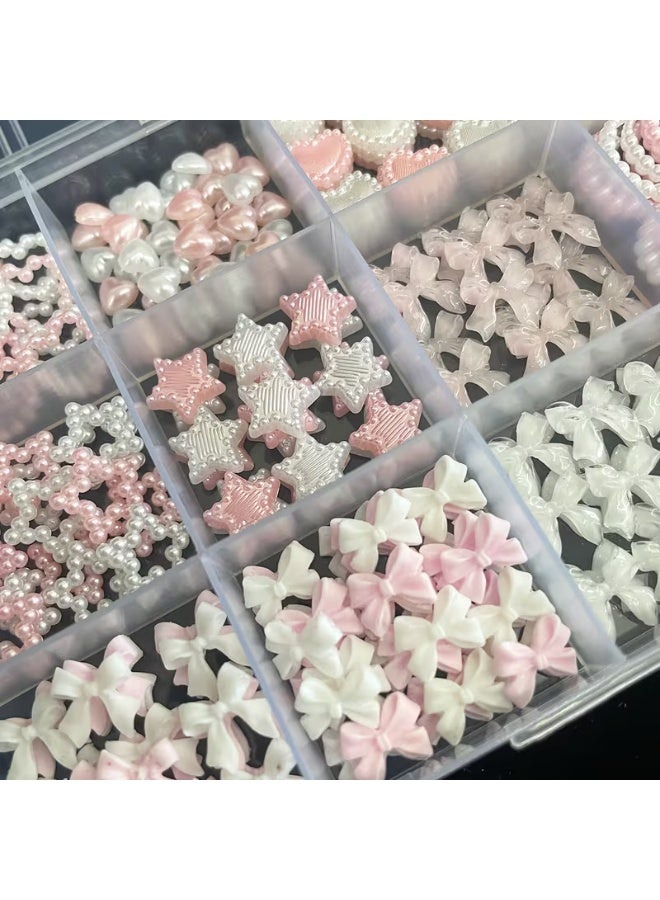 LANGMANNI 3D Nail Charms for Coquette Nails Design Set 3, White&Pink Nail Bows + Assorted Pearl Heart Star Moon Bowknot Cute Nail Jewels + 3D Flower Charms And Nail Pearls - Image 3