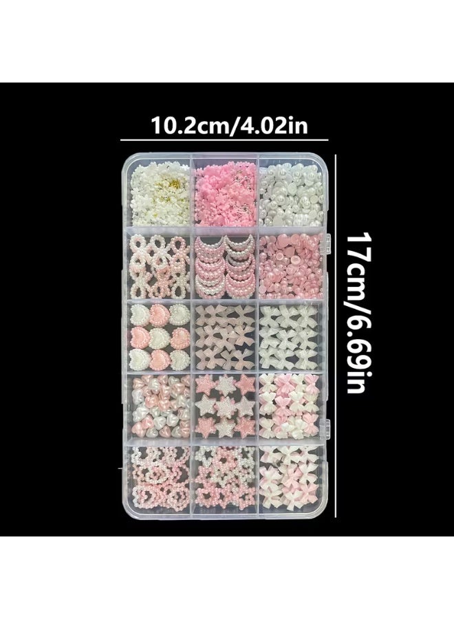 LANGMANNI 3D Nail Charms for Coquette Nails Design Set 3, White&Pink Nail Bows + Assorted Pearl Heart Star Moon Bowknot Cute Nail Jewels + 3D Flower Charms And Nail Pearls - Image 1