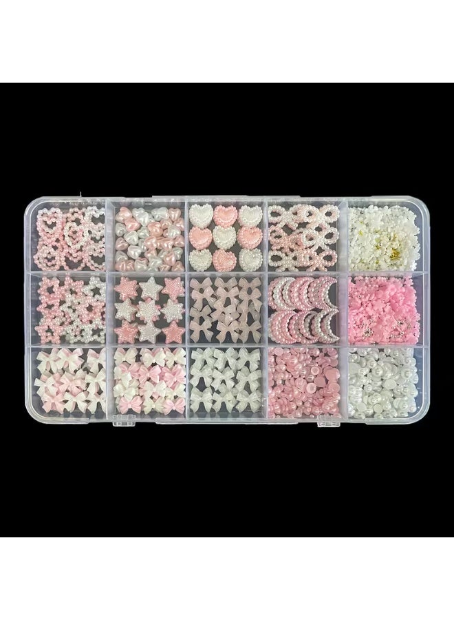 LANGMANNI 3D Nail Charms for Coquette Nails Design Set 3, White&Pink Nail Bows + Assorted Pearl Heart Star Moon Bowknot Cute Nail Jewels + 3D Flower Charms And Nail Pearls - Image 4