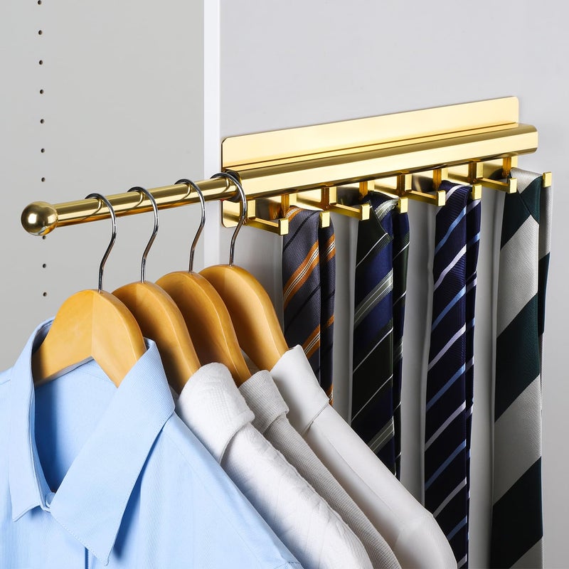 BaiNong Valet Rod for Closet Pull Out 12IN with 8 Hooks,Adhesive Gold Closet Valet Rod Slide Out - Image 1
