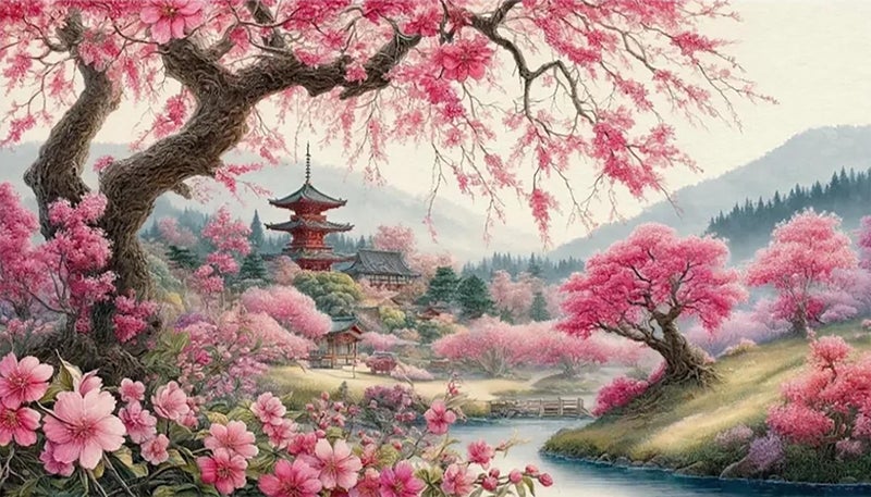 croshom Large Diamond Art Kits for Adults, Cherry Blossoms Flower Diamond Art Painting Kits for Adults, 5D DIY Full Drills Mountain Sakura Craft for Gifts, Home Wall Decor 15.7" x 27.6", Extra Large Size - Image 1
