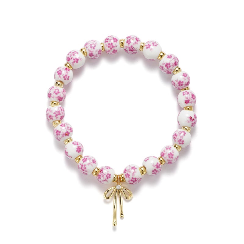 Agromusk Beads Bow Charm Bracelet for Women Pink Flower Vintage Bracelet Handmade Stretch Strand 18K Gold Plated Beaded Bracelet Pink and White Decor Coquette Aesthetic Dainty Romantic Jewelry Gifts for Her(Pink) - Image 1