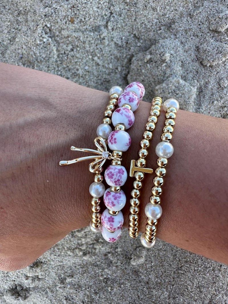 Agromusk Beads Bow Charm Bracelet for Women Pink Flower Vintage Bracelet Handmade Stretch Strand 18K Gold Plated Beaded Bracelet Pink and White Decor Coquette Aesthetic Dainty Romantic Jewelry Gifts for Her(Pink) - Image 4