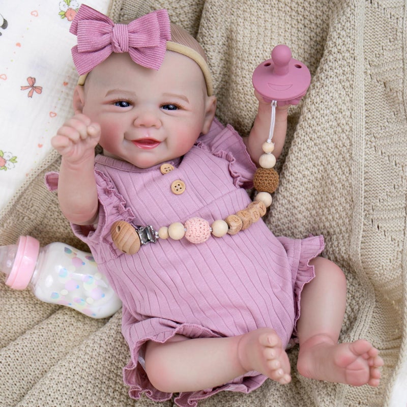 Aori Lifelike Reborn Baby Dolls 20 Inch Realistic Smiling Girl Newborn Baby Doll with Weighted Body for Cuddling Poseable Soft Vinyl Limbs with Purple Outfit Set for Girls 3 - Image 3