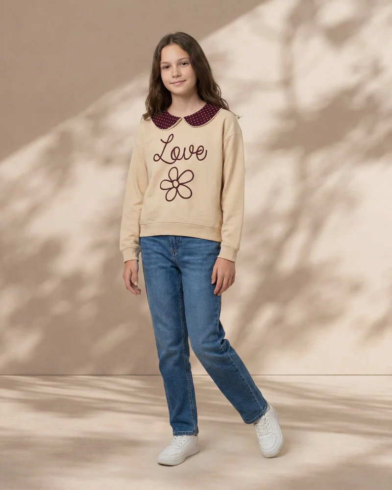 REDTAG Senior Girls Beige Peter Pan Collar Sweatshirt