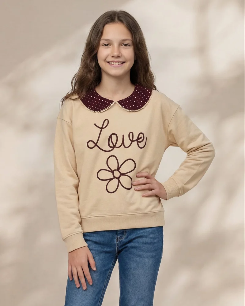 REDTAG Senior Girls Beige Peter Pan Collar Sweatshirt