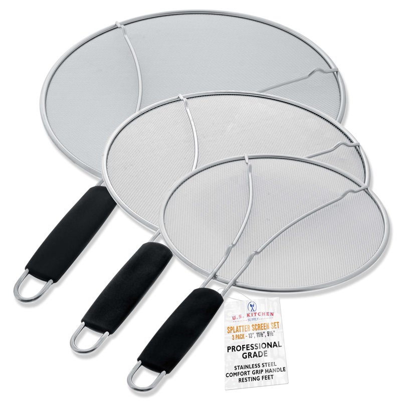 U.S. Kitchen Supply US Kitchen Supply 3Piece Stainless Steel Splatter Guard Set 13 115 95 Fine Mesh Cover Grease  Oil Splatter Screen for Frying Pan Cooking Pots with Resting Feet  Comfort Grip Handles 