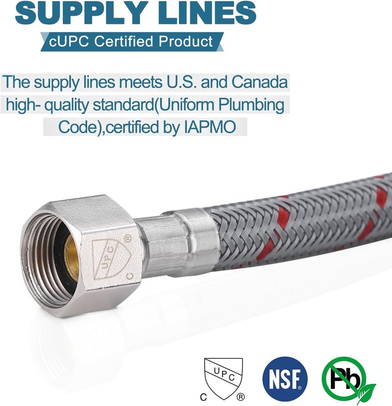 Arcora Supply Lines 3/8" Female Compression Thread × M10 Male Connector 1 Pair, 16" Faucet Hose Connects Bathroom Sink to Water Supply - Image 3