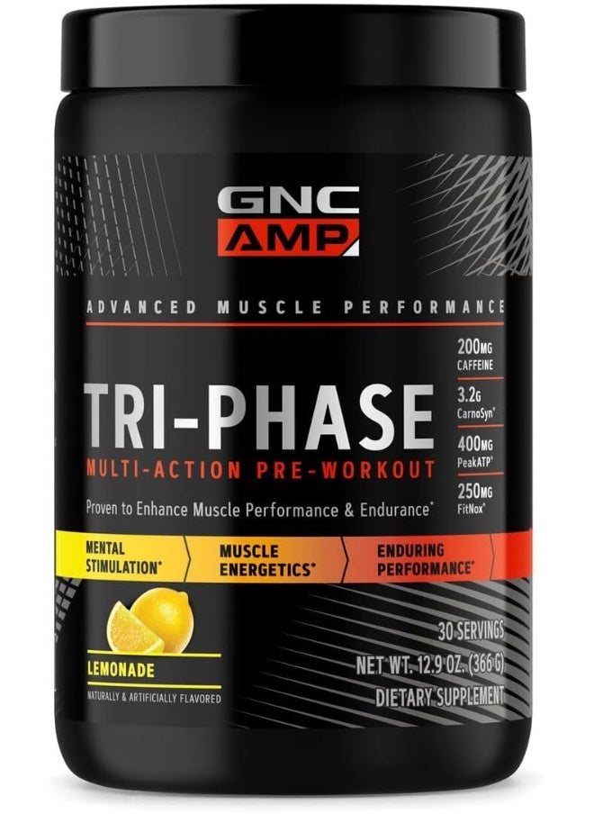 GNC AMP Tri-Phase Multi-Action Pre-Workout Supports Muscle Performance And Endurance Lemonade 30 Servings  - Image 1