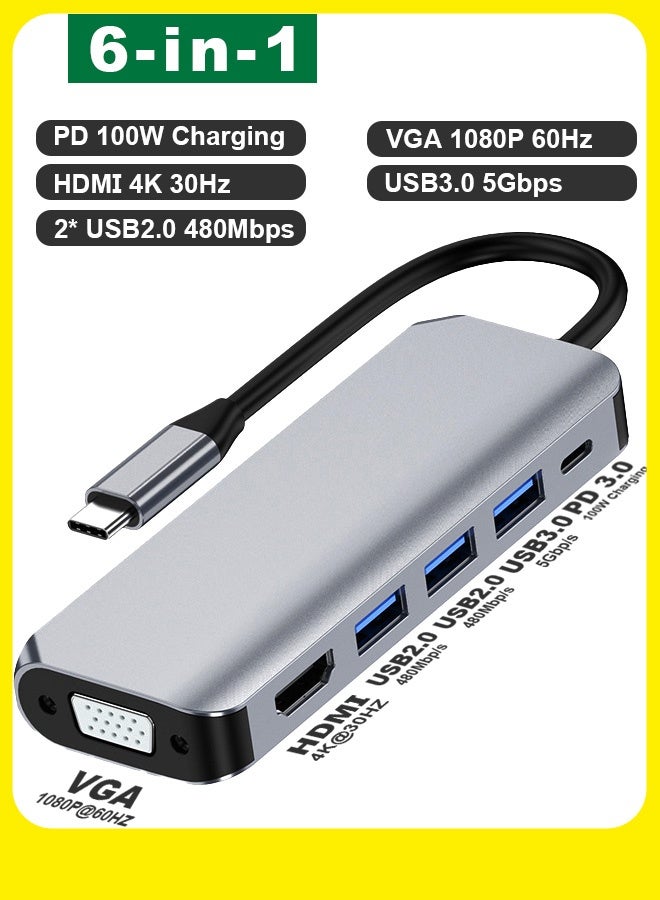محول متعدد المنافذ من النوع C بستة منافذ مع شحن سريع بقوة 100 واط، ومنفذ HDMI وVGA بدقة 4K، ومنفذ USB 3.0 بسرعة 5 جيجابت في الثانية - متوافق مع أجهزة MacBook وiPad وSamsung وأجهزة الكمبيوتر المحمولة وأجهزة العرض. - Image 1