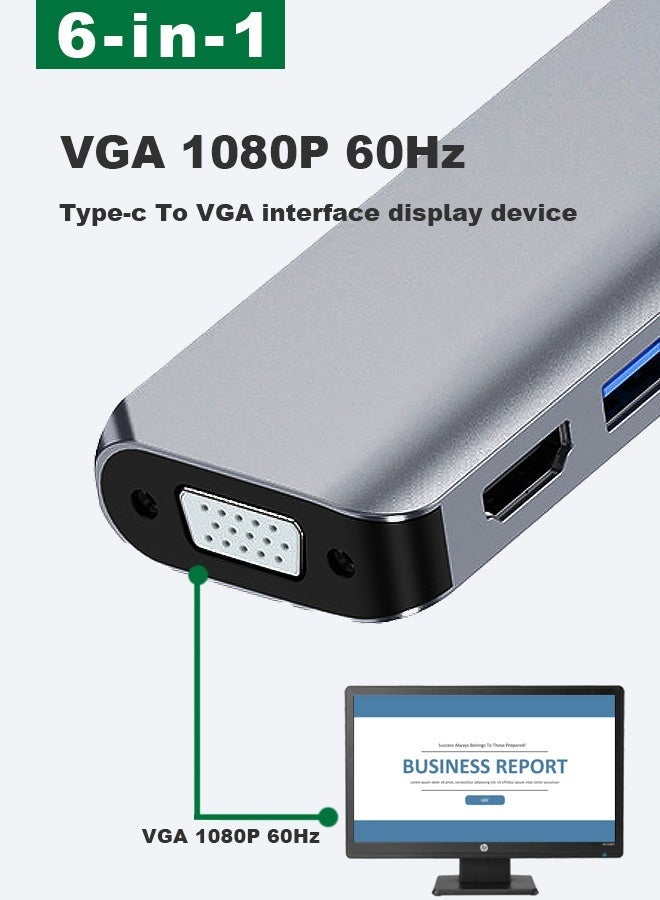 محول متعدد المنافذ من النوع C بستة منافذ مع شحن سريع بقوة 100 واط، ومنفذ HDMI وVGA بدقة 4K، ومنفذ USB 3.0 بسرعة 5 جيجابت في الثانية - متوافق مع أجهزة MacBook وiPad وSamsung وأجهزة الكمبيوتر المحمولة وأجهزة العرض. - Image 2