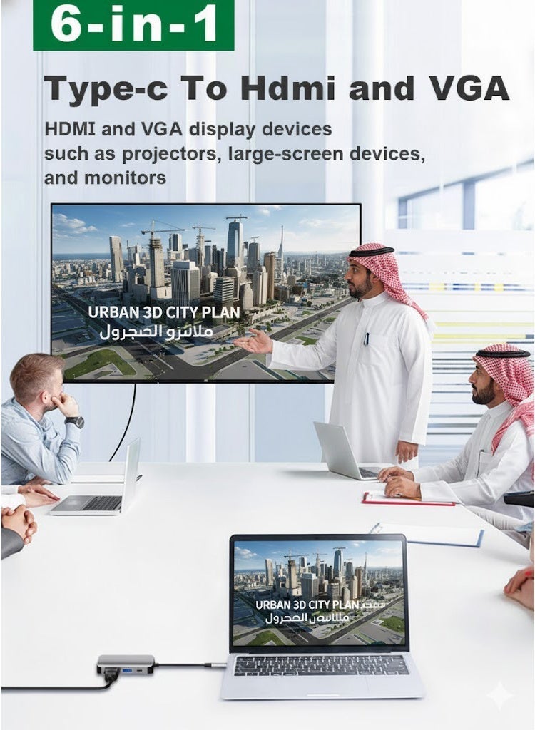 محول متعدد المنافذ من النوع C بستة منافذ مع شحن سريع بقوة 100 واط، ومنفذ HDMI وVGA بدقة 4K، ومنفذ USB 3.0 بسرعة 5 جيجابت في الثانية - متوافق مع أجهزة MacBook وiPad وSamsung وأجهزة الكمبيوتر المحمولة وأجهزة العرض. - Image 5