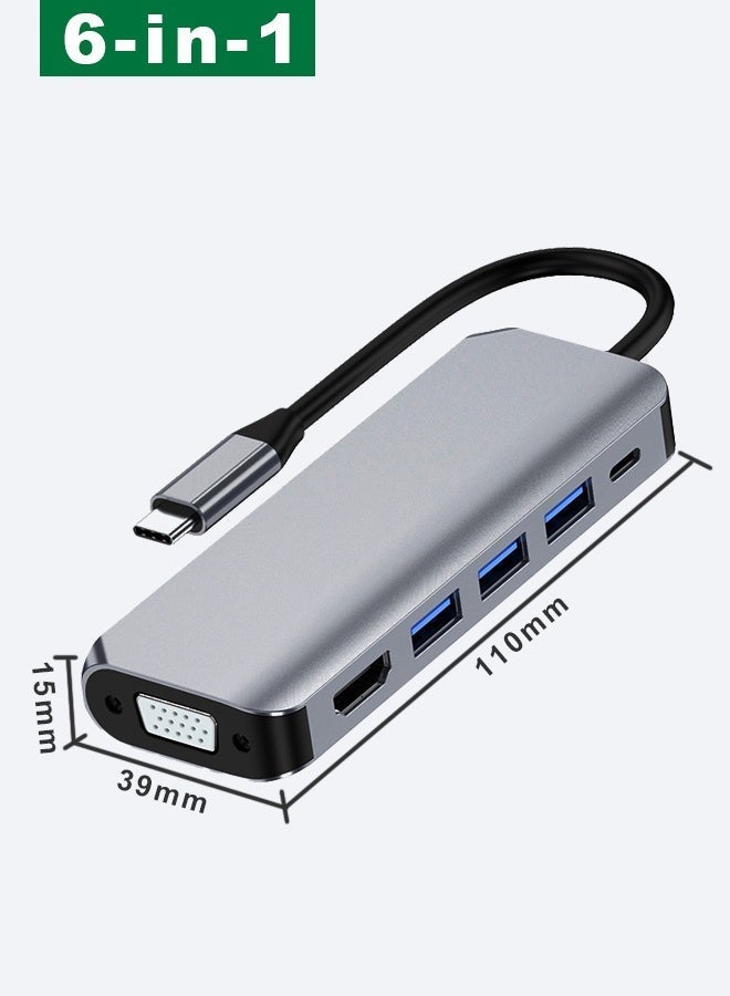 محول متعدد المنافذ من النوع C بستة منافذ مع شحن سريع بقوة 100 واط، ومنفذ HDMI وVGA بدقة 4K، ومنفذ USB 3.0 بسرعة 5 جيجابت في الثانية - متوافق مع أجهزة MacBook وiPad وSamsung وأجهزة الكمبيوتر المحمولة وأجهزة العرض. - Image 4