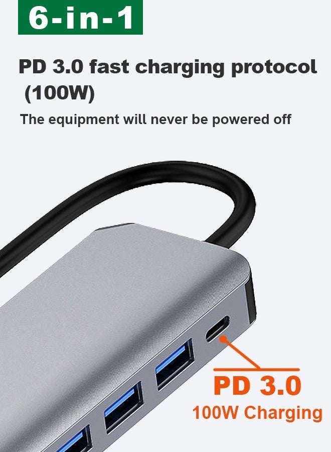 محول متعدد المنافذ من النوع C بستة منافذ مع شحن سريع بقوة 100 واط، ومنفذ HDMI وVGA بدقة 4K، ومنفذ USB 3.0 بسرعة 5 جيجابت في الثانية - متوافق مع أجهزة MacBook وiPad وSamsung وأجهزة الكمبيوتر المحمولة وأجهزة العرض. - Image 3