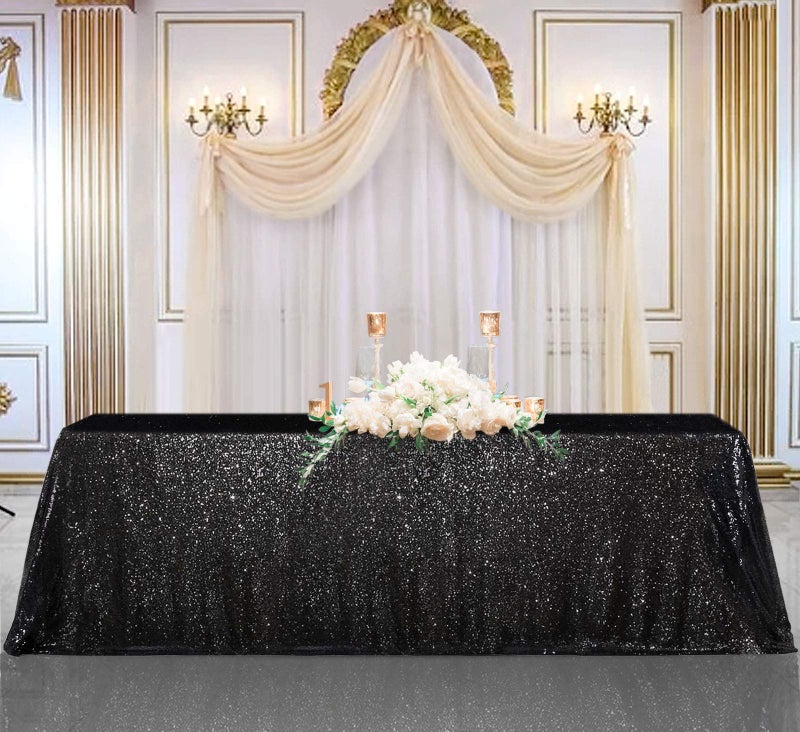 BCOOL Black Sequin Tablecloth 90x156inch Sparkly Sequin Table Linen Halloween Shiny Sequence Table Cloth Wedding Event Decor