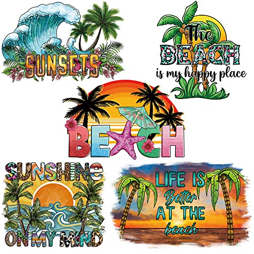 BLESOUYI Iron on Transfers Patches for T-Shirt Clothes Decoration Summer Series Stickers Beach Coconut Trees Sea Waves Sunset Iron on Stickers Appliques Decals for Clothing Jeans Bags Pillow Covers 5PCS - Image 1