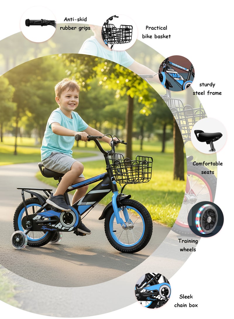 MaBaby 12 Inch Kids Bike Bicycle Bike For Kids With Flashing Training Wheels And Basket Children's Bicycle With Rear Seat And Balance Bike Adjustable Seat Bike For Kids For 2-5 Years Girls And Boys - Image 3