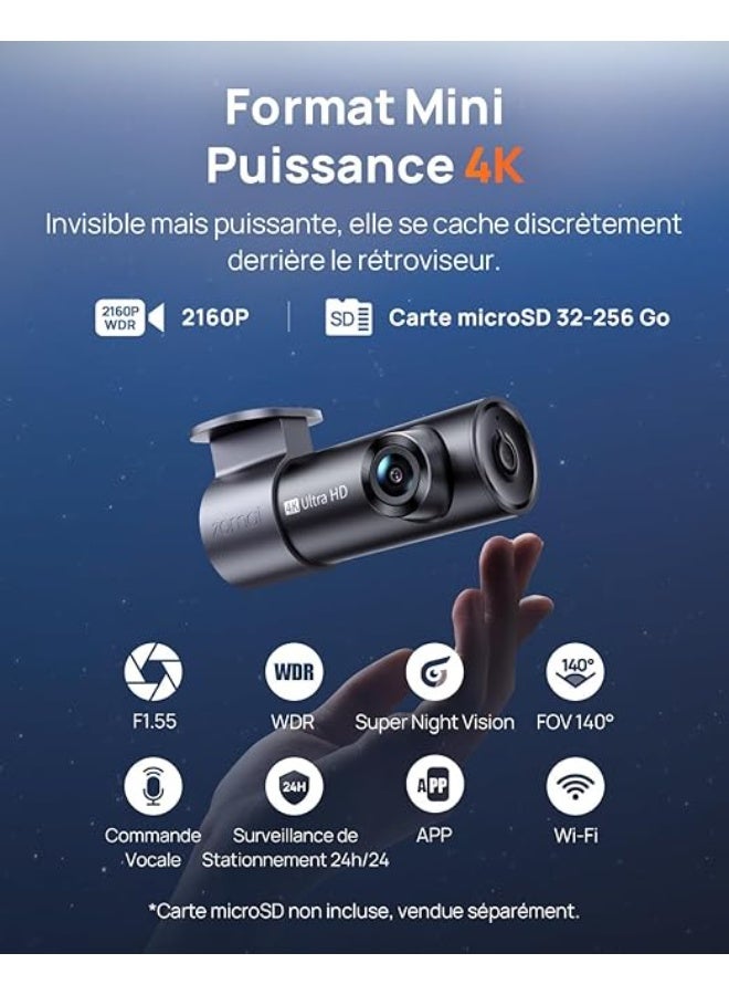 70mai M310 Plus 4K Car Front Dashcam, 2160P Mini Dash Cam with 360° Rotation, WiFi & G-Sensor, Super Night Vision & WDR, F1.55 Aperture, 24h Parking Monitoring, Loop Recording, Max. 256 GB - Image 2