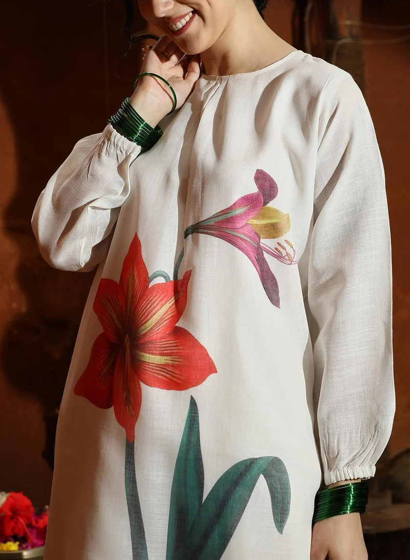 QISSA  Qissa Women's Off-White Amaryllis Flora Kurti With Trousers For Casual Wear | Round Neck | Long Sleeves | 2 Piece Kurta Set Designed With Comfort Fit For Everyday Ethnic Wear for Women | Best Price UAE