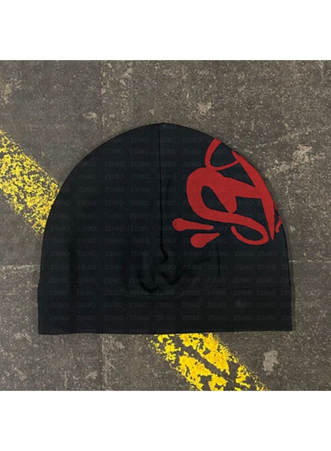 Black & Red Graphic Beanie – Bold Logo Print Stretchy Headwear for Trendsetters