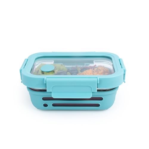 GLASAFE Glass Lunch Box for Office w/t Air Tight Glass lid & Protective Silicone Sleeve | Tiffin Box for Men & Women | 100% Borosilicate Glass | Microwave & Dishwasher Safe | 370ml (Green) - Image 1