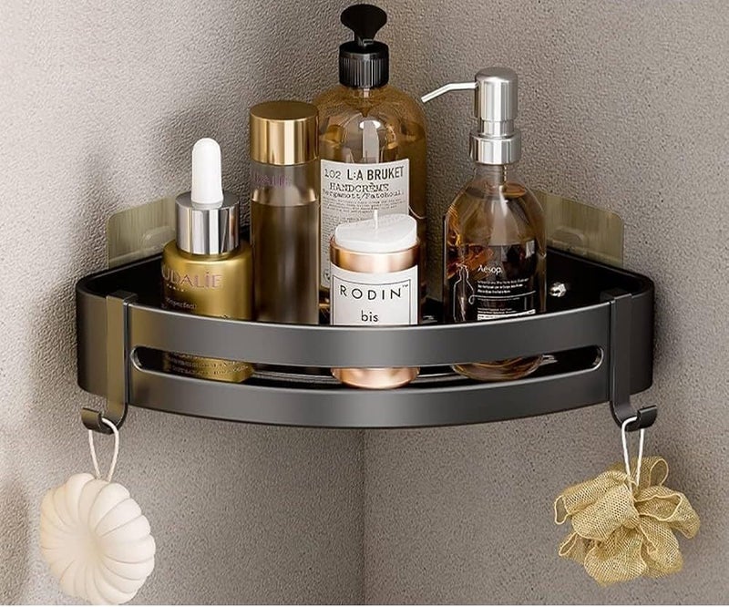 COOFANDY 2 Pieces Alluminium Bathroom Corner Shelves, Wall Mounted with Hooks,Shower Caddy Corner, No Drilling Shower Organiser, Accessory Storage Shower Shelf Adhesive Rustproof Space(Black) - Image 1