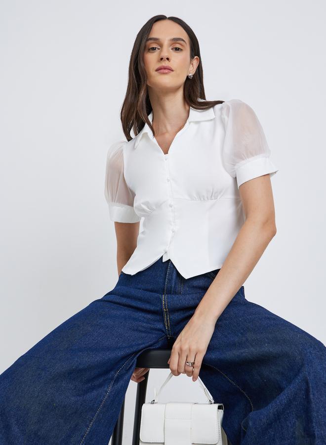 Styli Mesh Insert Puff Sleeve Buttoned Top - Image 3