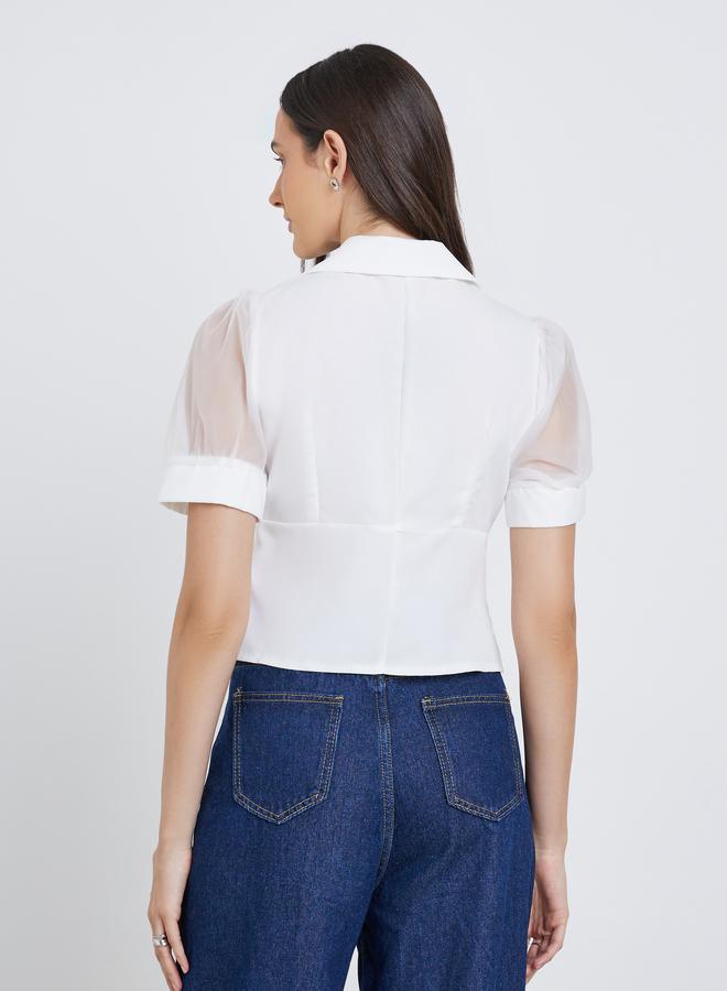 Styli Mesh Insert Puff Sleeve Buttoned Top - Image 5