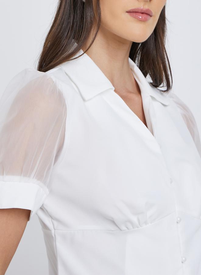 Styli Mesh Insert Puff Sleeve Buttoned Top - Image 4