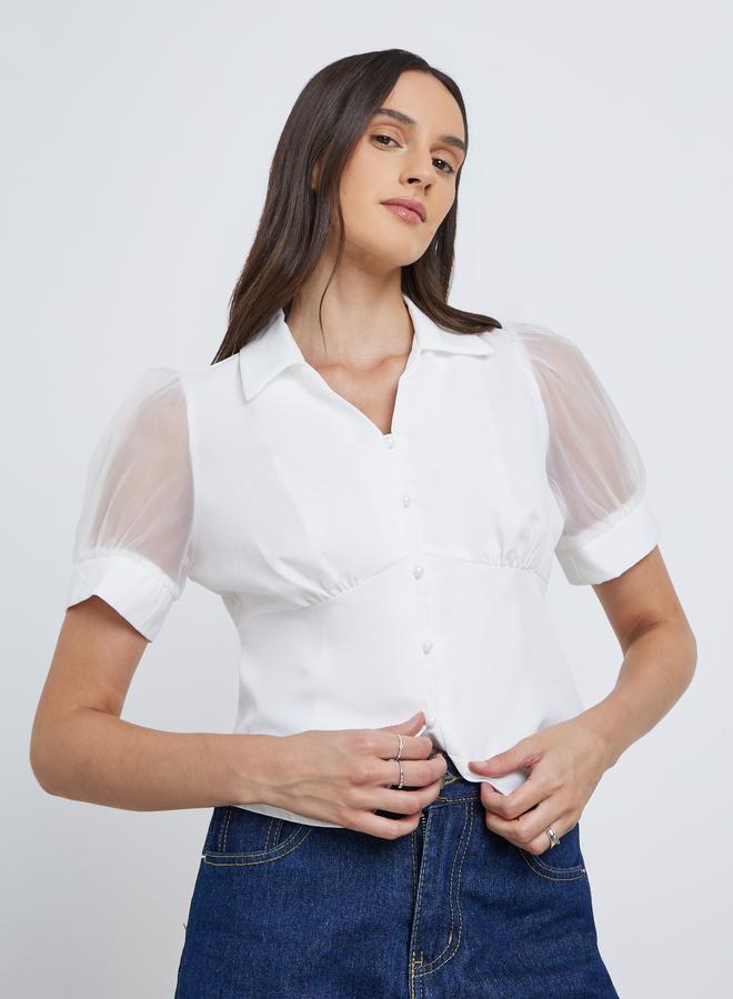 Styli Mesh Insert Puff Sleeve Buttoned Top - Image 1