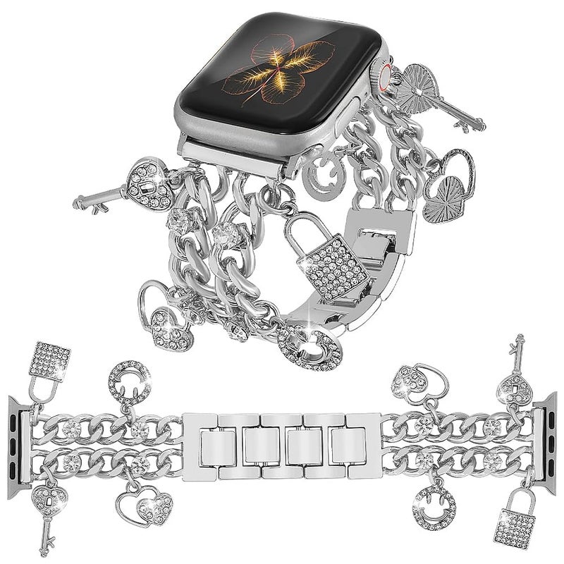 YONWORTH Cuban Chain Band Compatible with Apple Watch 42/44/45 46 49mm Women,Bling Diamond Chain Metal Wristband Cute Charms Pendants for iWatch Series 10 9 8 7 6 5 4 3 SE Ultra(A5-Bling Silver, 49MM) - Image 1