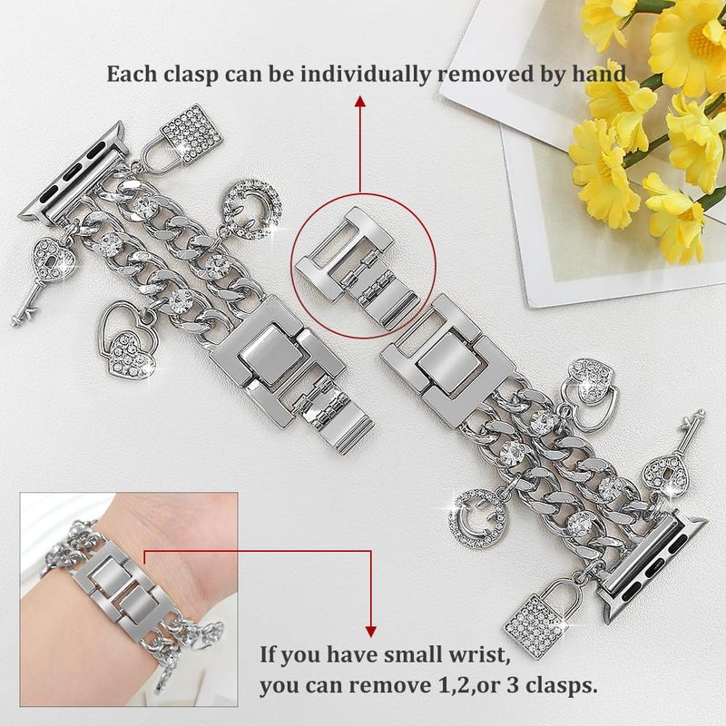 YONWORTH Cuban Chain Band Compatible with Apple Watch 42/44/45 46 49mm Women,Bling Diamond Chain Metal Wristband Cute Charms Pendants for iWatch Series 10 9 8 7 6 5 4 3 SE Ultra(A5-Bling Silver, 49MM) - Image 3