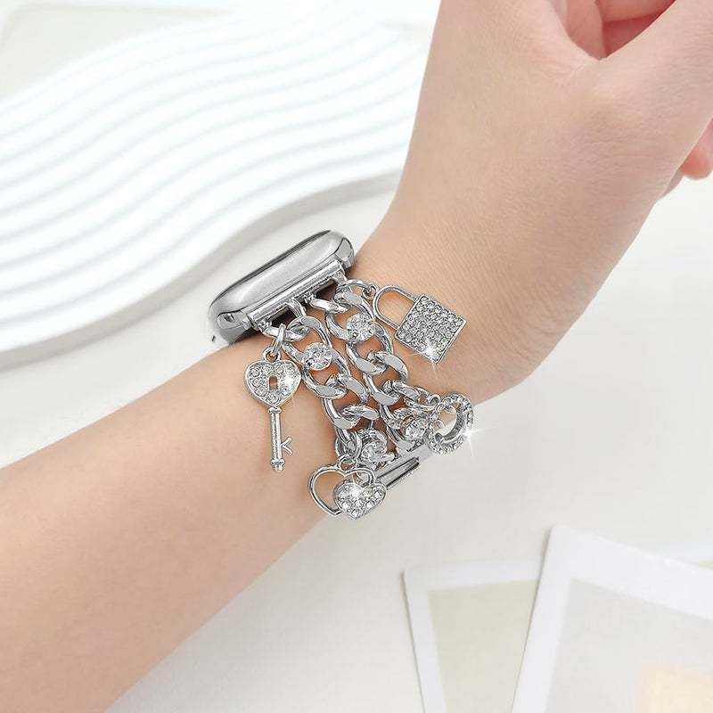 YONWORTH Cuban Chain Band Compatible with Apple Watch 42/44/45 46 49mm Women,Bling Diamond Chain Metal Wristband Cute Charms Pendants for iWatch Series 10 9 8 7 6 5 4 3 SE Ultra(A5-Bling Silver, 49MM) - Image 5
