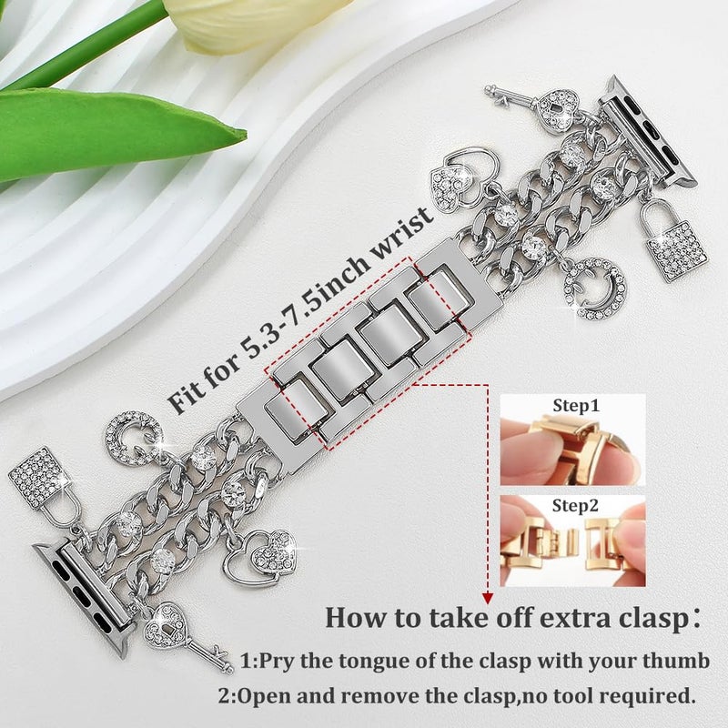 YONWORTH Cuban Chain Band Compatible with Apple Watch 42/44/45 46 49mm Women,Bling Diamond Chain Metal Wristband Cute Charms Pendants for iWatch Series 10 9 8 7 6 5 4 3 SE Ultra(A5-Bling Silver, 49MM) - Image 2