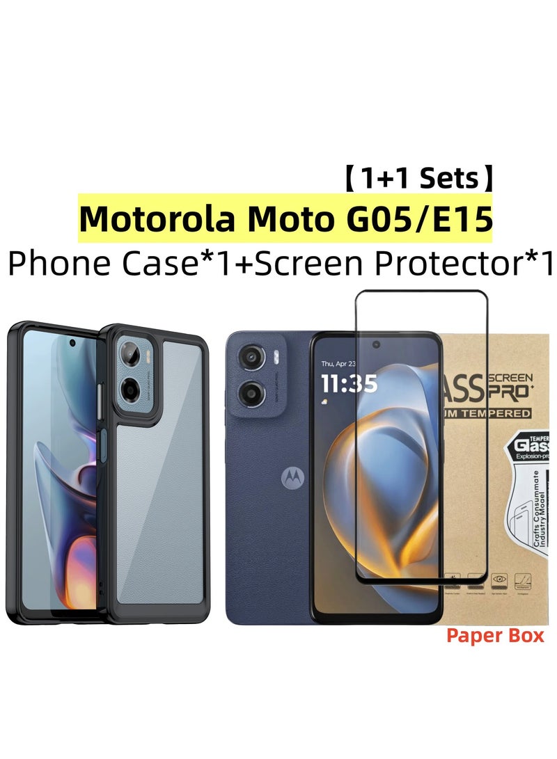 [1+1 Sets] For Motorola Moto G05/ Motorola Moto E15 Case & Screen Protector Transparent Frame Protective Cover with Tempered Glass Screen Protector - Image 1