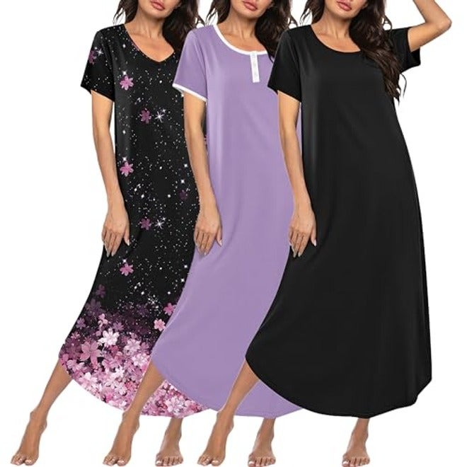 Ekouaer Women's 3-Pack Long Nightgowns Plus Size Soft Moo Moo Sleepwear Short Sleeve House Dress