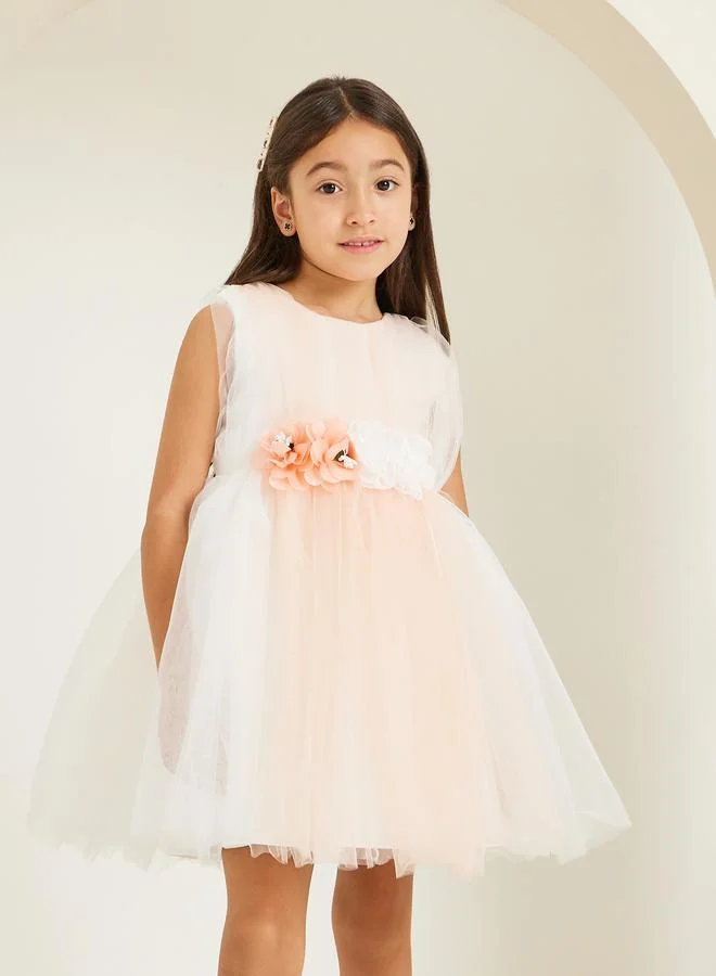 Styli Girls Peach Flowers Detail Mesh Dress
