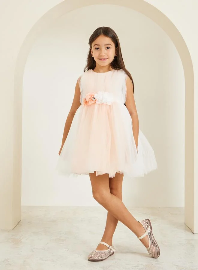 Styli Girls Peach Flowers Detail Mesh Dress