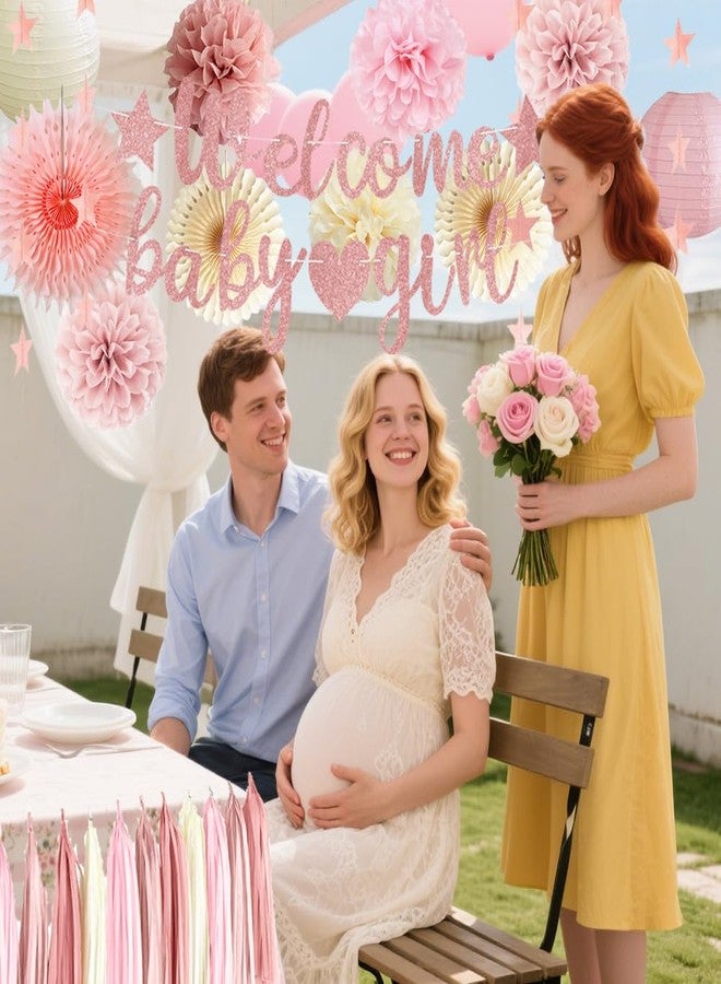 FETETIJD Dusty Pink Girl Baby Shower Decorations Blush Beige Baby Shower Decorations Welcome Baby Banner Dusty Pink Cream Paper Pom Poms Fans Lanterns Paper Tassel Garland for Baby Girls - Image 5