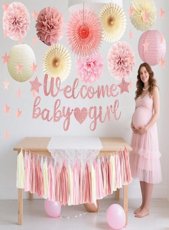 FETETIJD Dusty Pink Girl Baby Shower Decorations Blush Beige Baby Shower Decorations Welcome Baby Banner Dusty Pink Cream Paper Pom Poms Fans Lanterns Paper Tassel Garland for Baby Girls - Image 2
