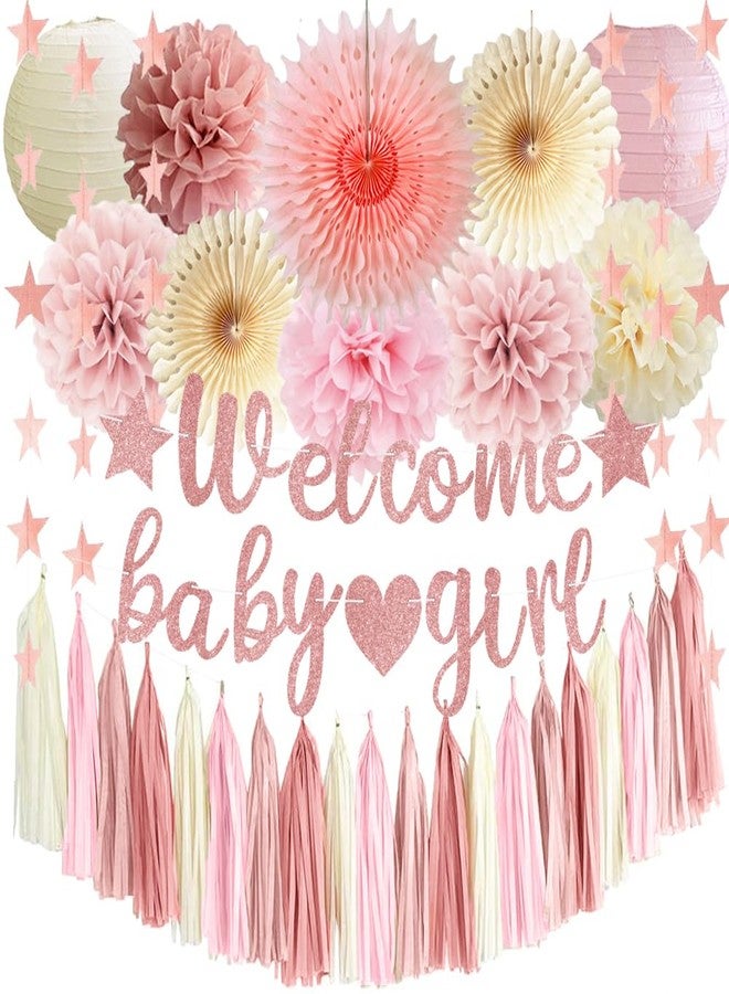 FETETIJD Dusty Pink Girl Baby Shower Decorations Blush Beige Baby Shower Decorations Welcome Baby Banner Dusty Pink Cream Paper Pom Poms Fans Lanterns Paper Tassel Garland for Baby Girls - Image 1