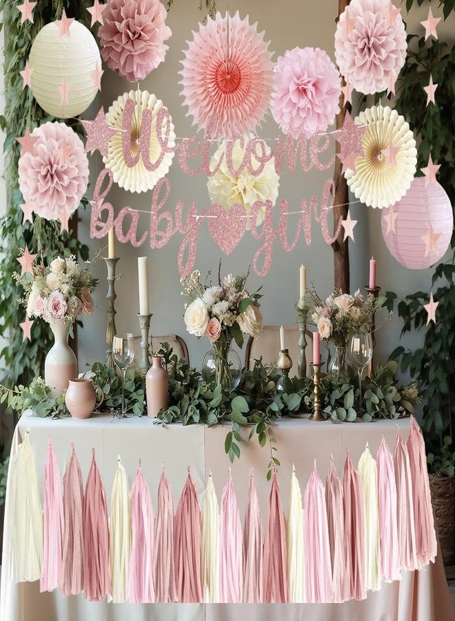 FETETIJD Dusty Pink Girl Baby Shower Decorations Blush Beige Baby Shower Decorations Welcome Baby Banner Dusty Pink Cream Paper Pom Poms Fans Lanterns Paper Tassel Garland for Baby Girls - Image 4